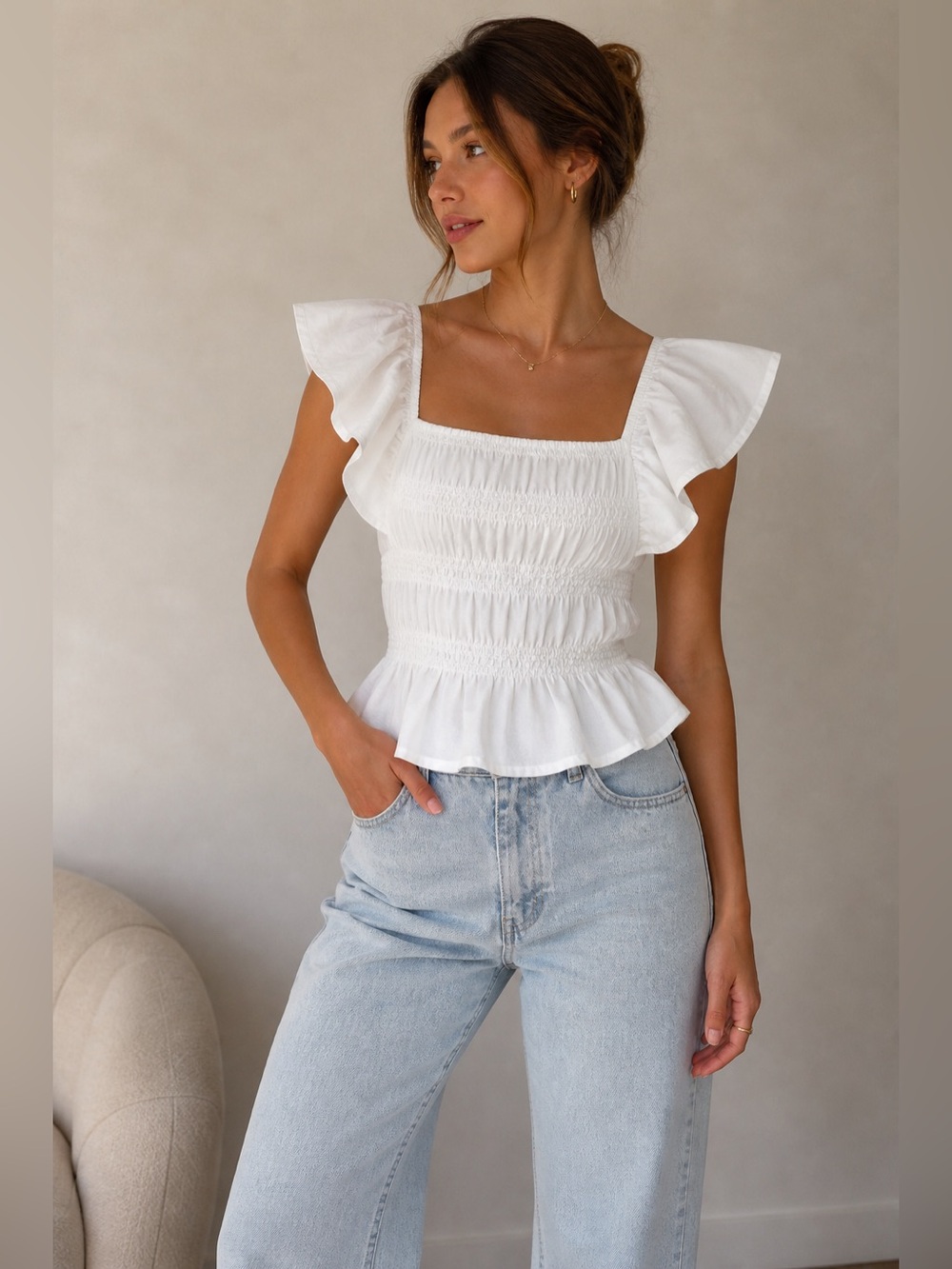 ZARA White Smocked Ruffle Top